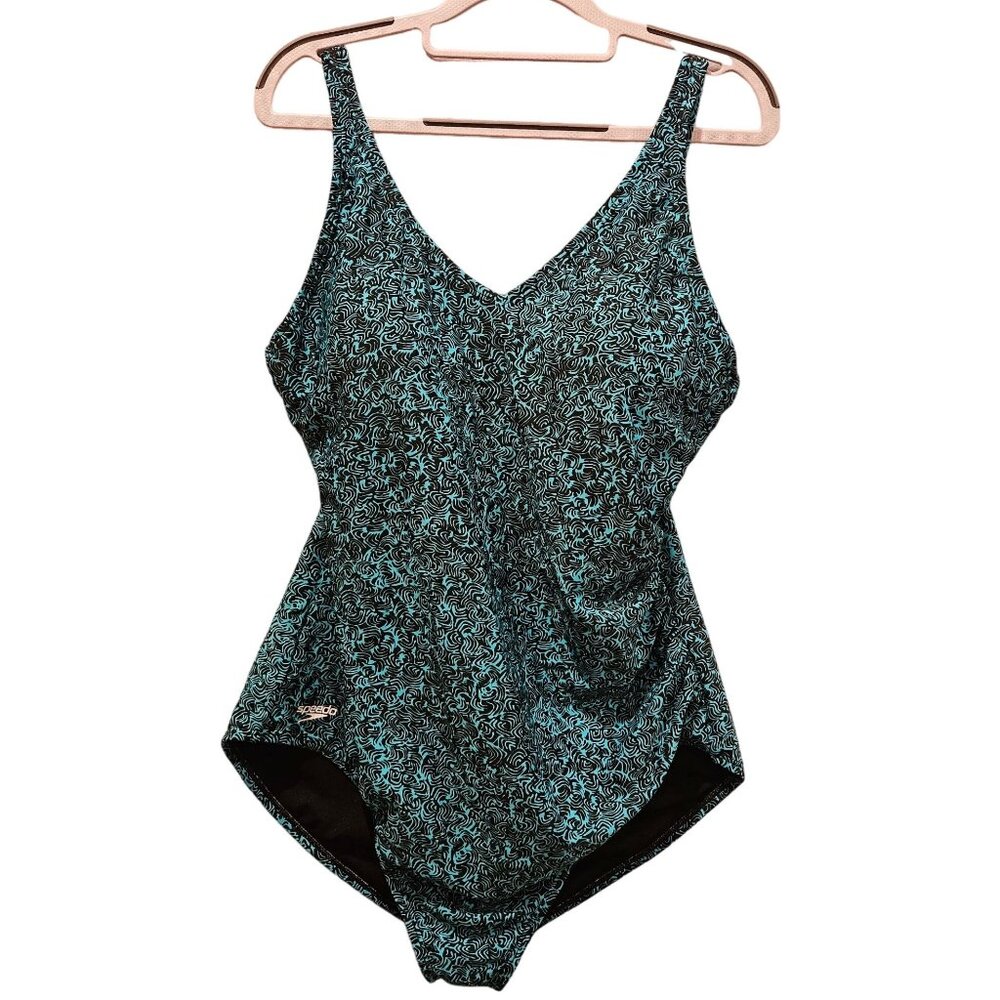 Speedo one piece swimsuit womens 18 green black geometric classic logo gather